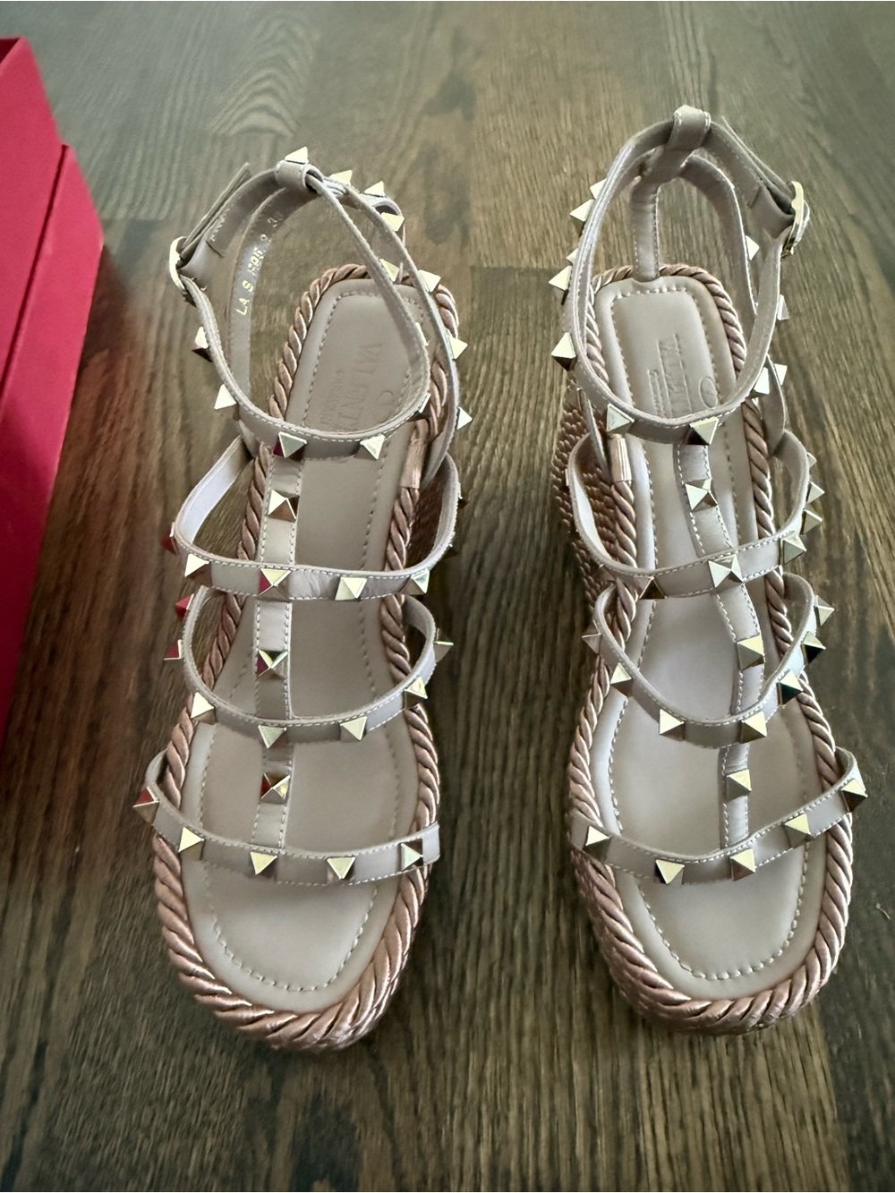Valentino Rockstud Strappy Sandals in Nude with Gold Studs